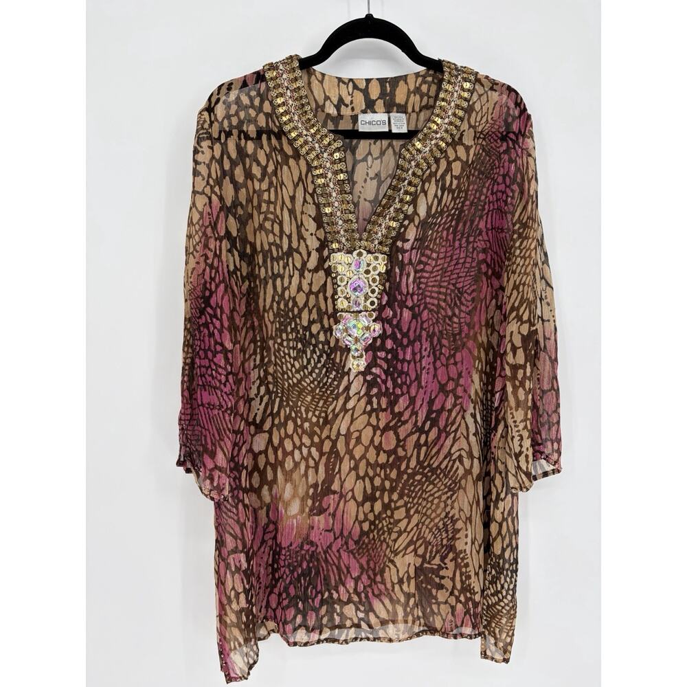Chico’s Silk Embellished Animal Print Tunic Top Size XL Beaded Pink Brown Y2K - Picture 2 of 9